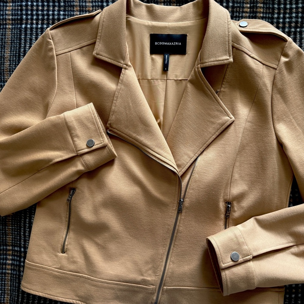 BCBGMaxazria Camel Jacket Asymmetrical Zipper w/ Epaulets